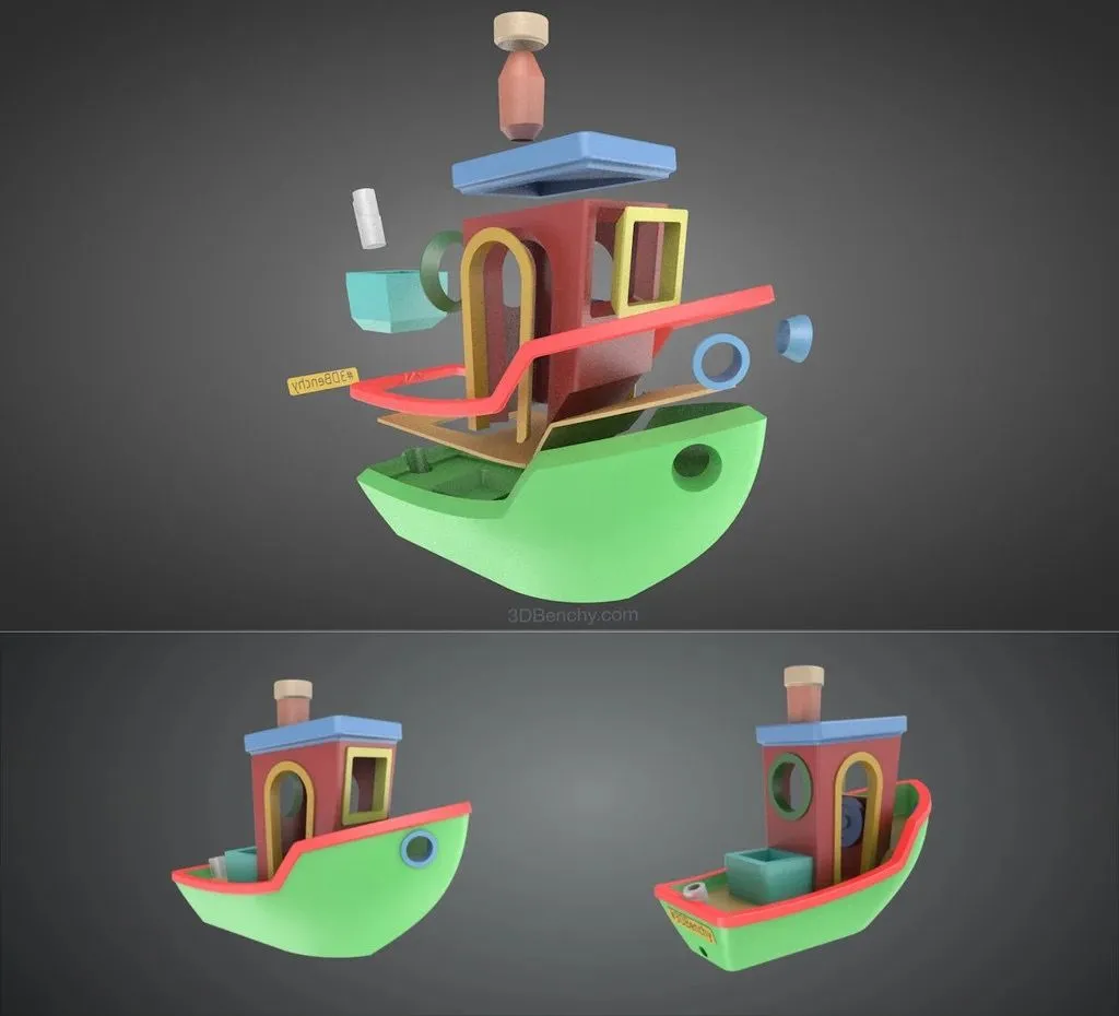 Minh họa mô hình 3DBenchy được bung ra, cho thấy sự lệch lớp in ở các chi tiết cong