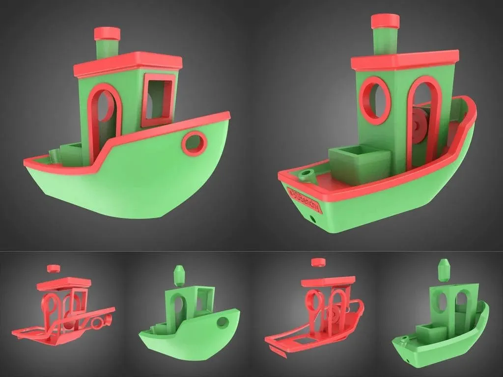 Minh họa mô hình Benchy được in với nhiều phần, thể hiện các vấn đề co rút và sợi nhựa thừa