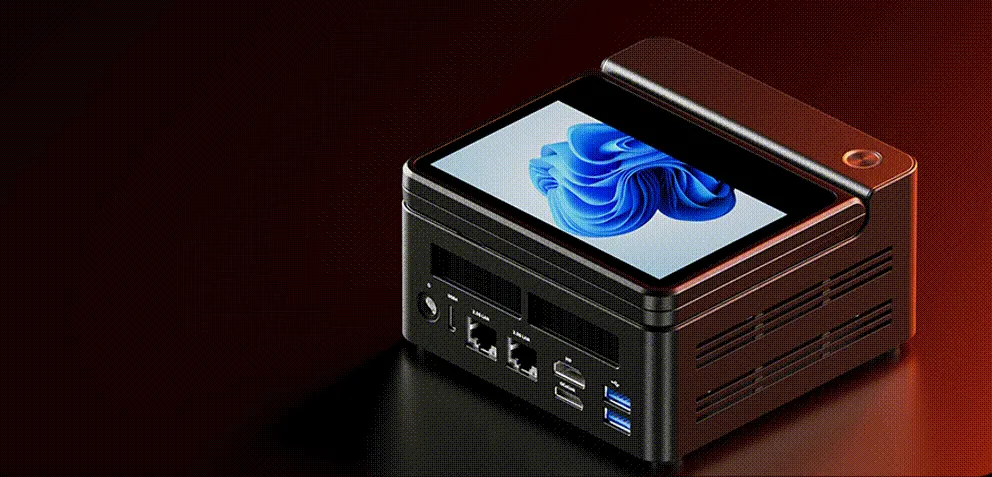 Mini PC Aoostar G-Flip với màn hình lật lên độc đáo, hiển thị các khe tản nhiệt phía sau