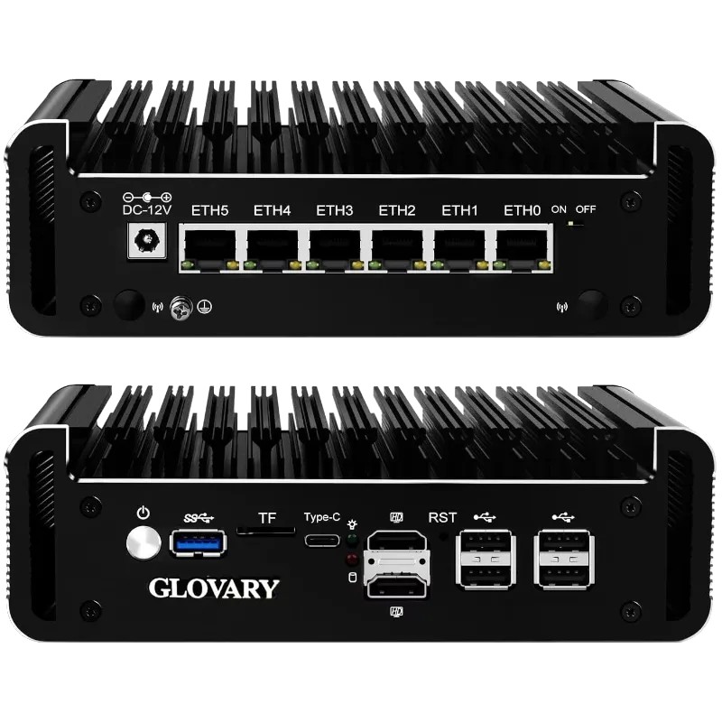 Mini PC Glovary N100 6L chuyên dụng cho firewall OPNsense với 6 cổng mạng 2.5GbE