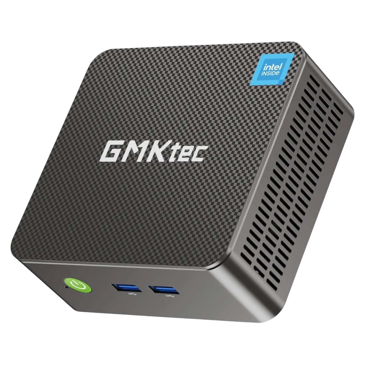 Mini PC GMKtec G3 Plus nhỏ gọn với thiết kế hiện đại trên nền xanh.