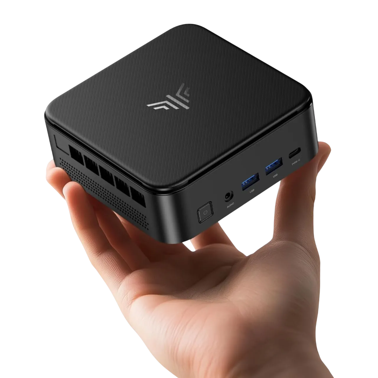 Mini PC KAMRUI với thiết kế nhỏ gọn, hiện đại trên nền trắng