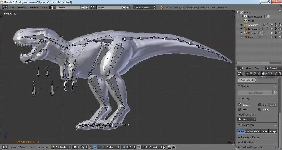 Mô hình khủng long T-Rex trong phần mềm Blender, minh họa khả năng dựng hình 3D mạnh mẽ của GPU như RTX 5090