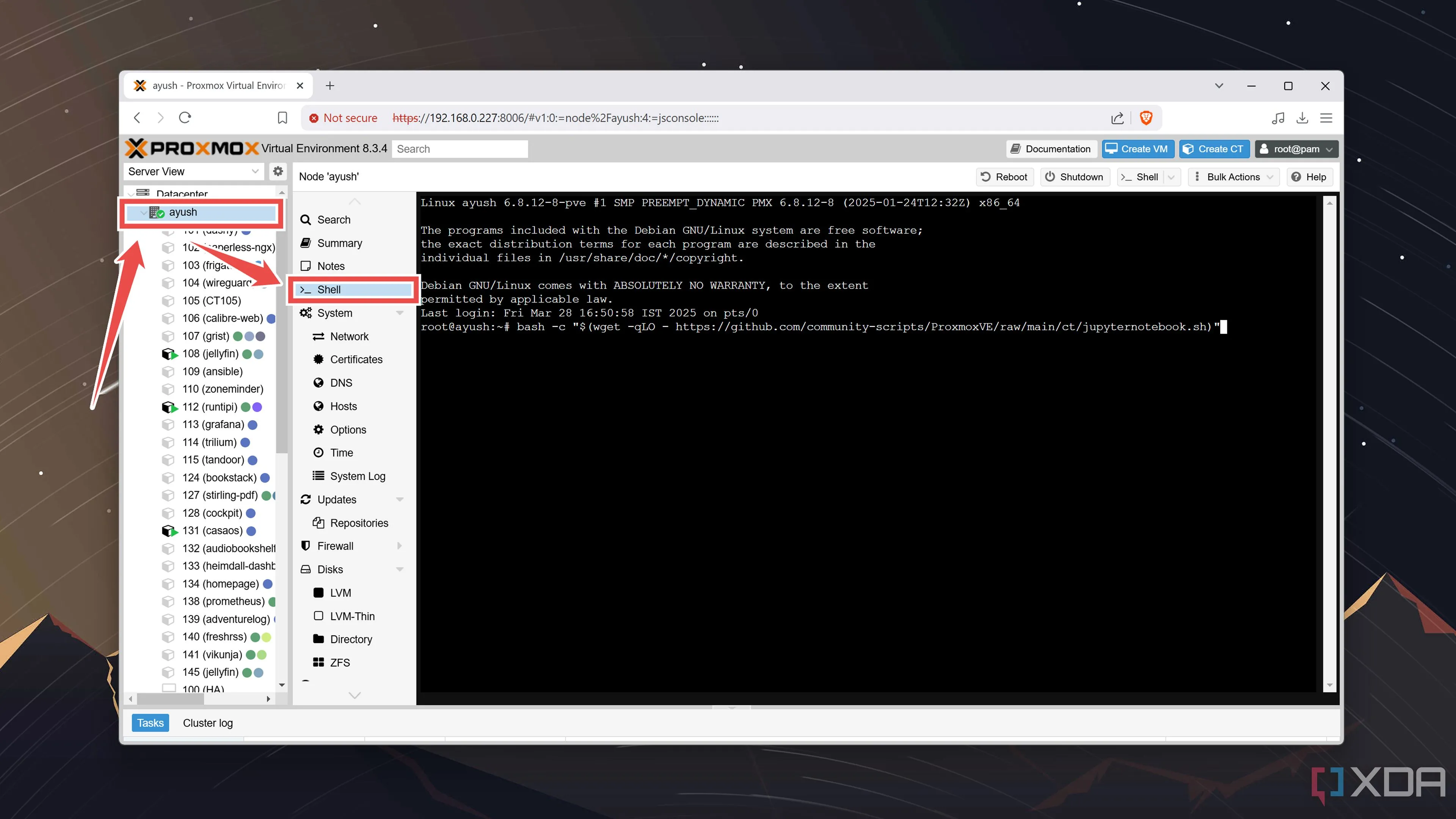 Mở tab Shell của một node Proxmox