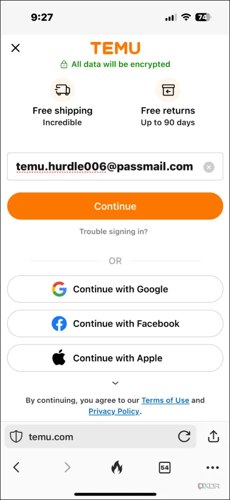 Nhập bí danh email đã tạo vào trường trên trang web