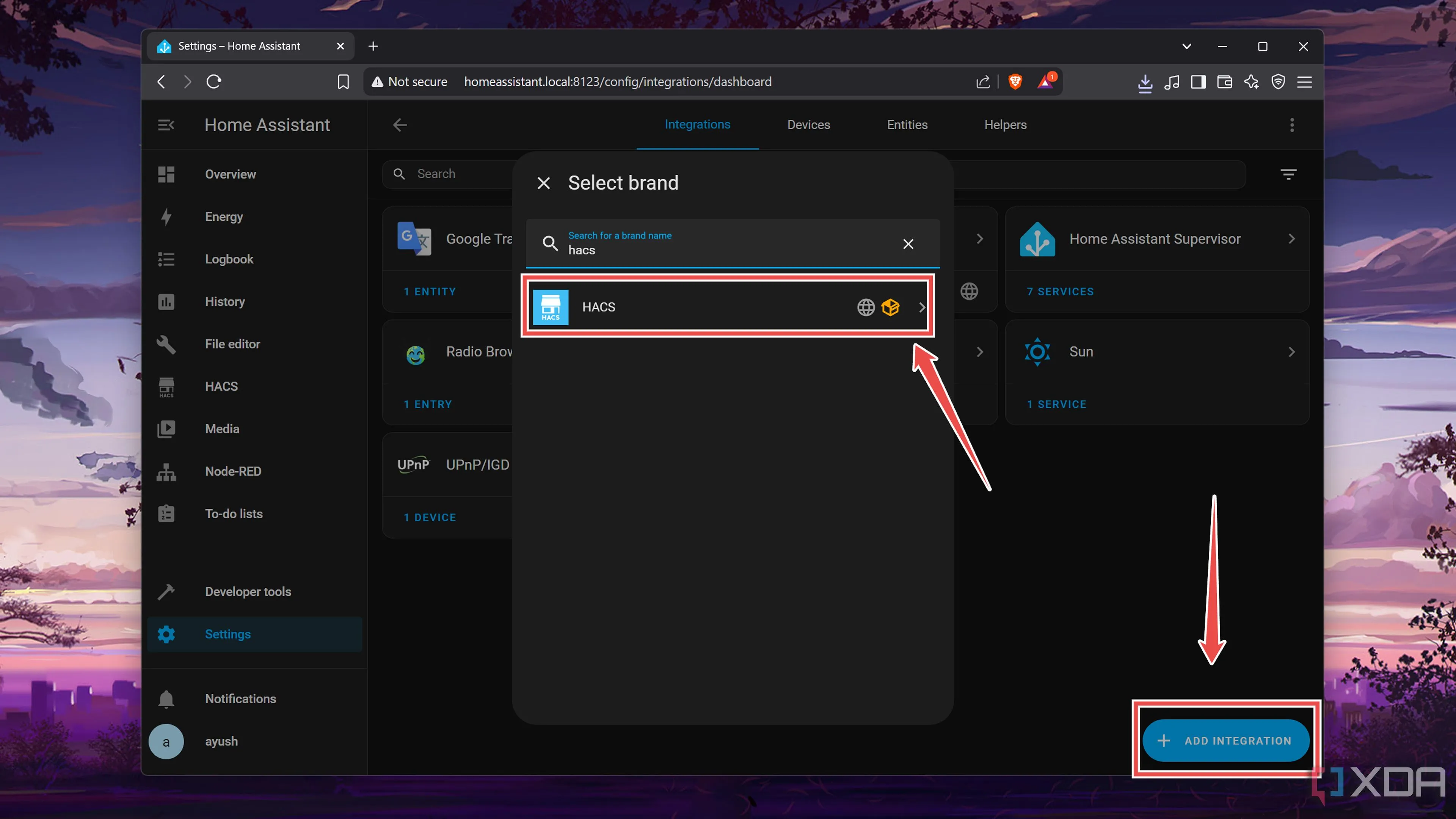 Nút &quot;Add Integration&quot; và tùy chọn &quot;HACS&quot; trong danh sách tích hợp của Home Assistant.