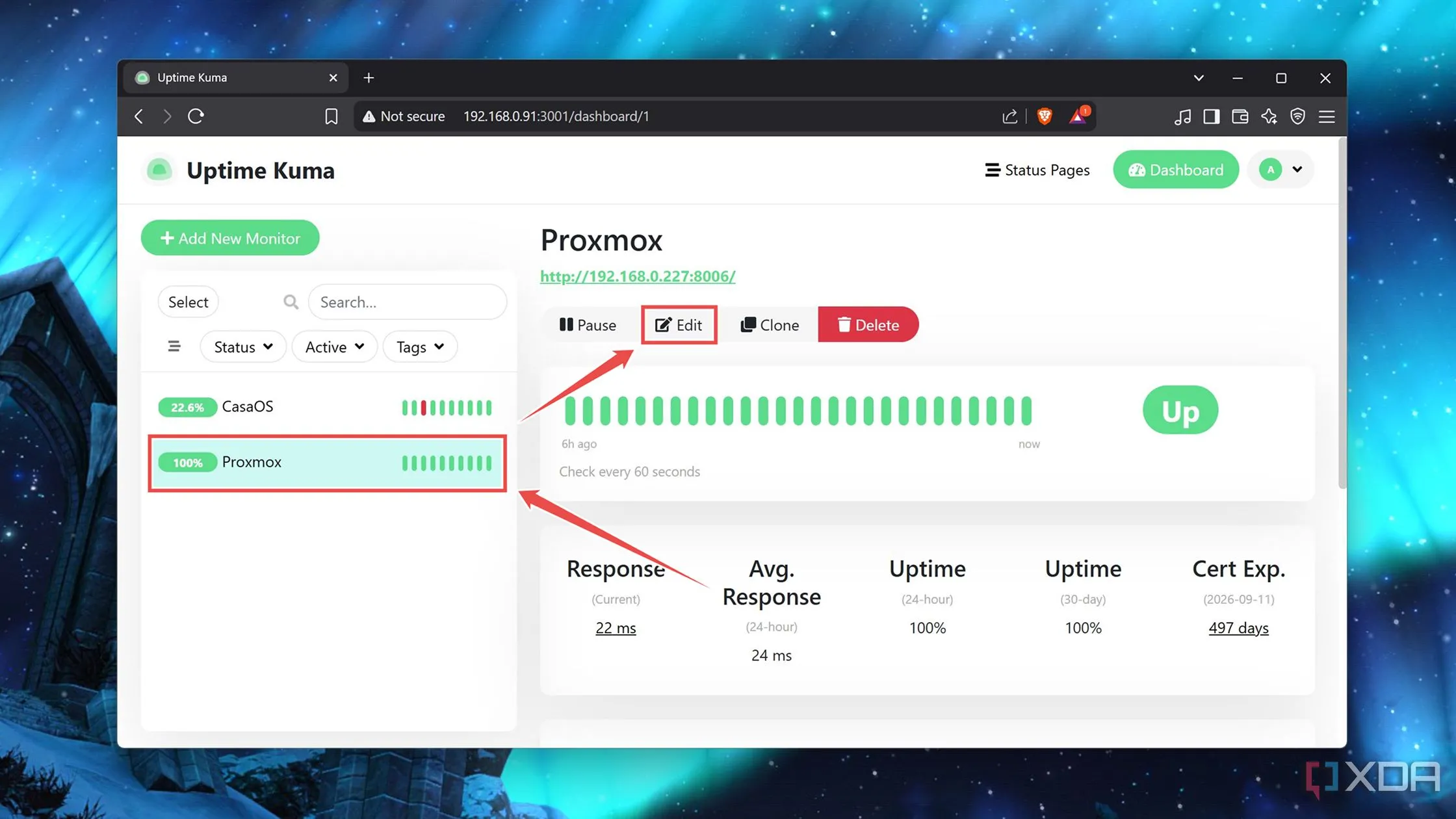Nút chỉnh sửa dịch vụ trong Dashboard Uptime Kuma