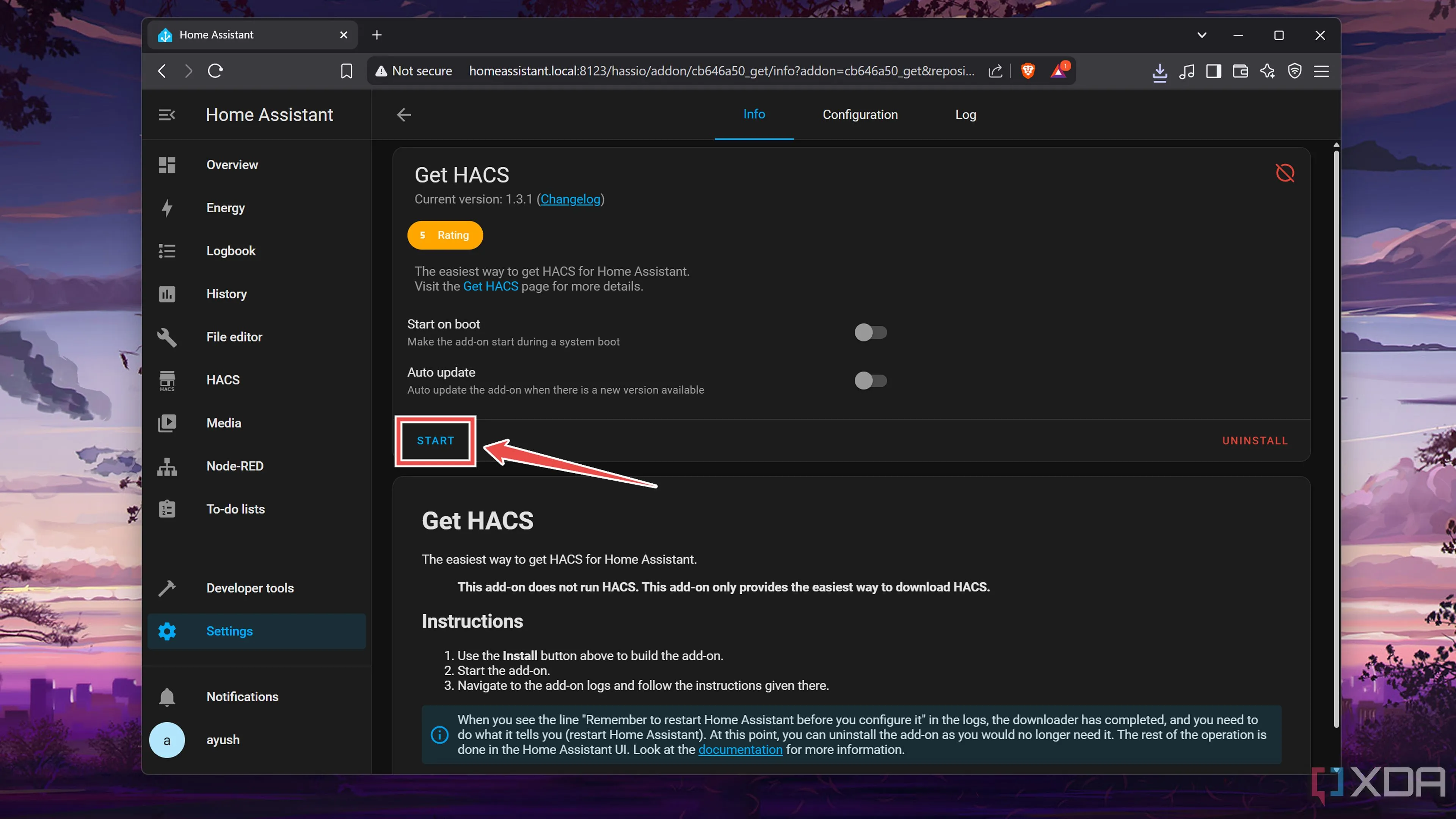 Nút &quot;Install&quot; và &quot;Start&quot; cho tiện ích Get HACS trong Home Assistant.