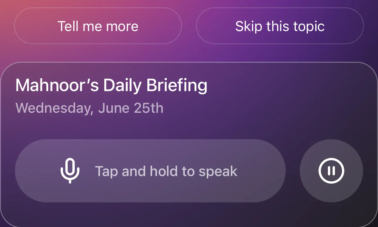 Nút &quot;Tap and hold to speak&quot; và &quot;Skip this topic&quot; trên giao diện Huxe