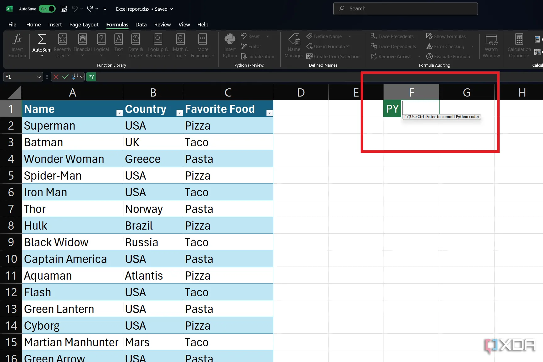 Ô Excel hiển thị một hàm Python được sử dụng để phân tích dữ liệu