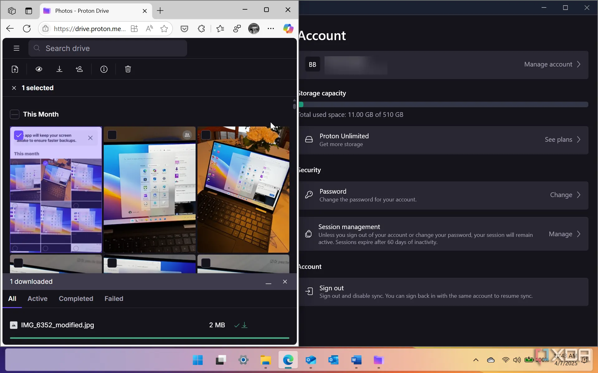 Proton Drive hoạt động liền mạch trên ứng dụng di động và phiên bản web trên Windows 11, cho thấy khả năng đồng bộ đa nền tảng.