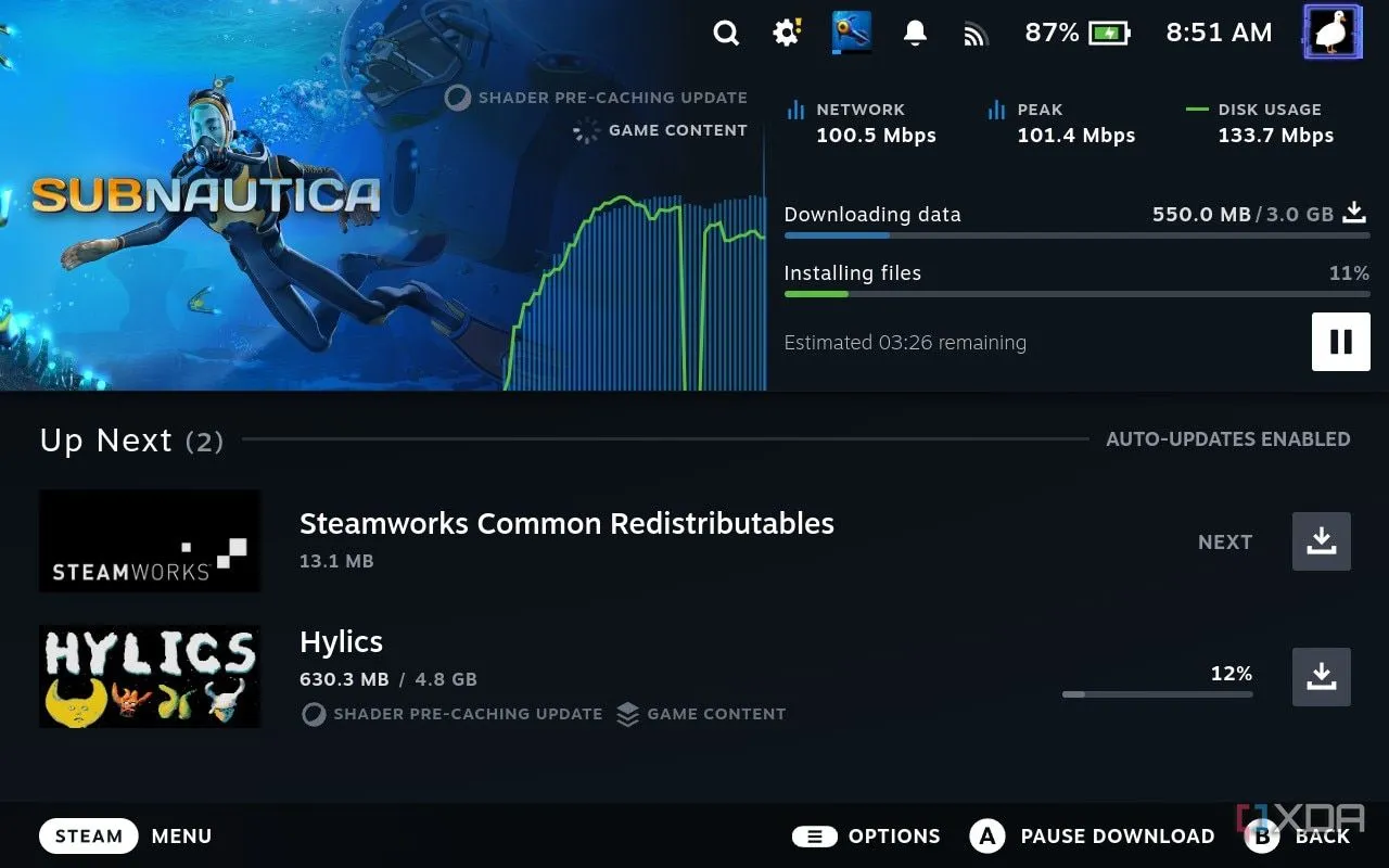 Quá trình biên dịch và tải trước shader Vulkan cho game Subnautica trên SteamOS