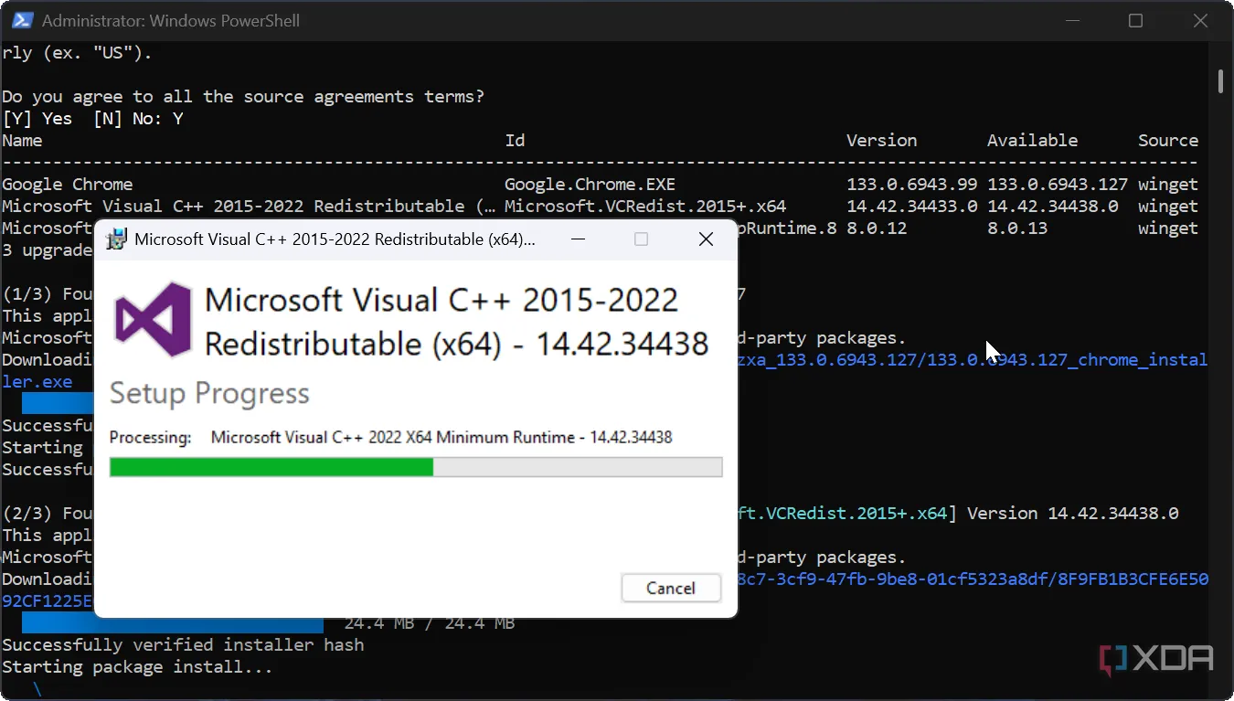 Quá trình cập nhật ứng dụng Microsoft Visual thông qua script PowerShell giúp vá lỗi