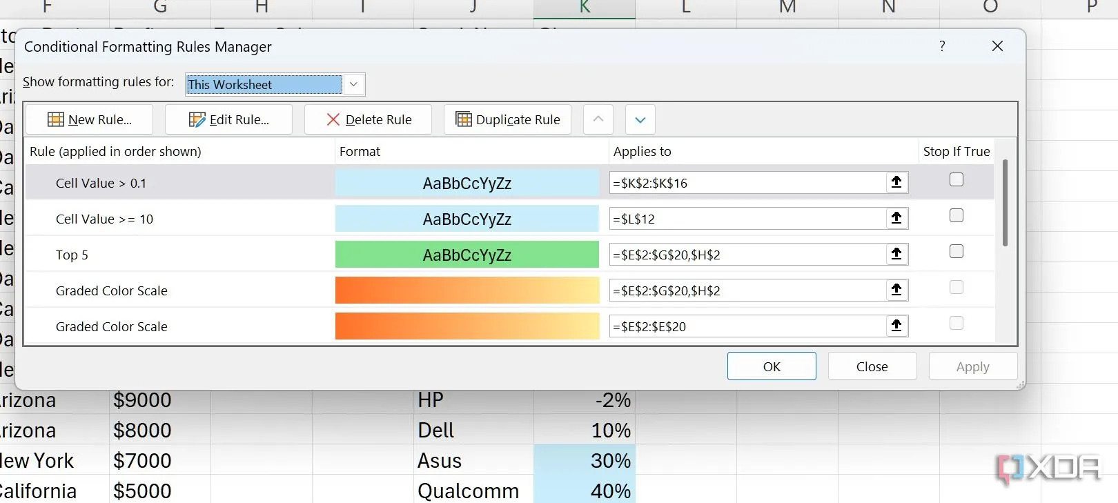 Quản lý các quy tắc định dạng có điều kiện trong Excel