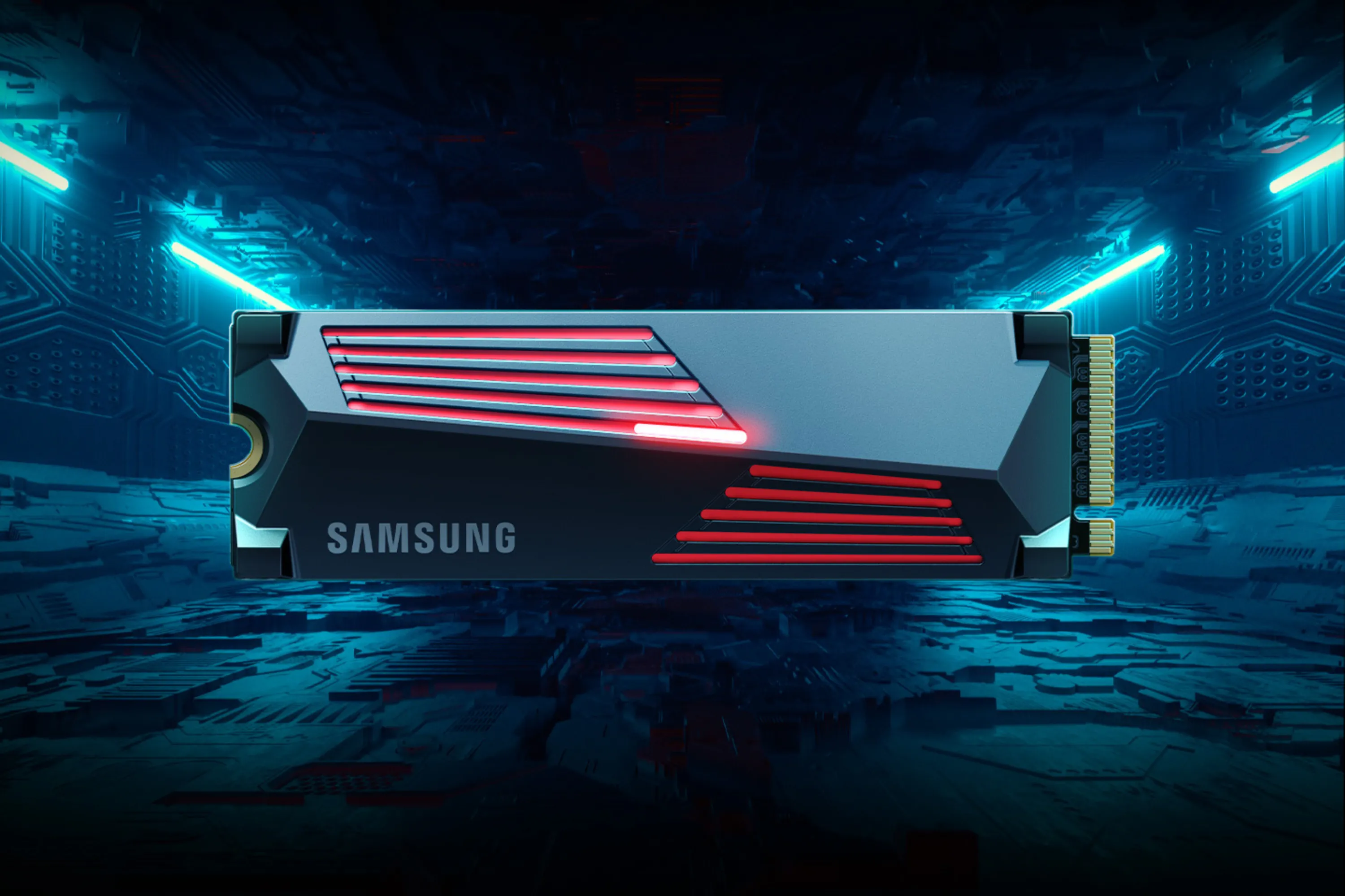 Samsung 990 Pro SSD có tản nhiệt trên nền công nghệ hiện đại, thể hiện hiệu năng cao