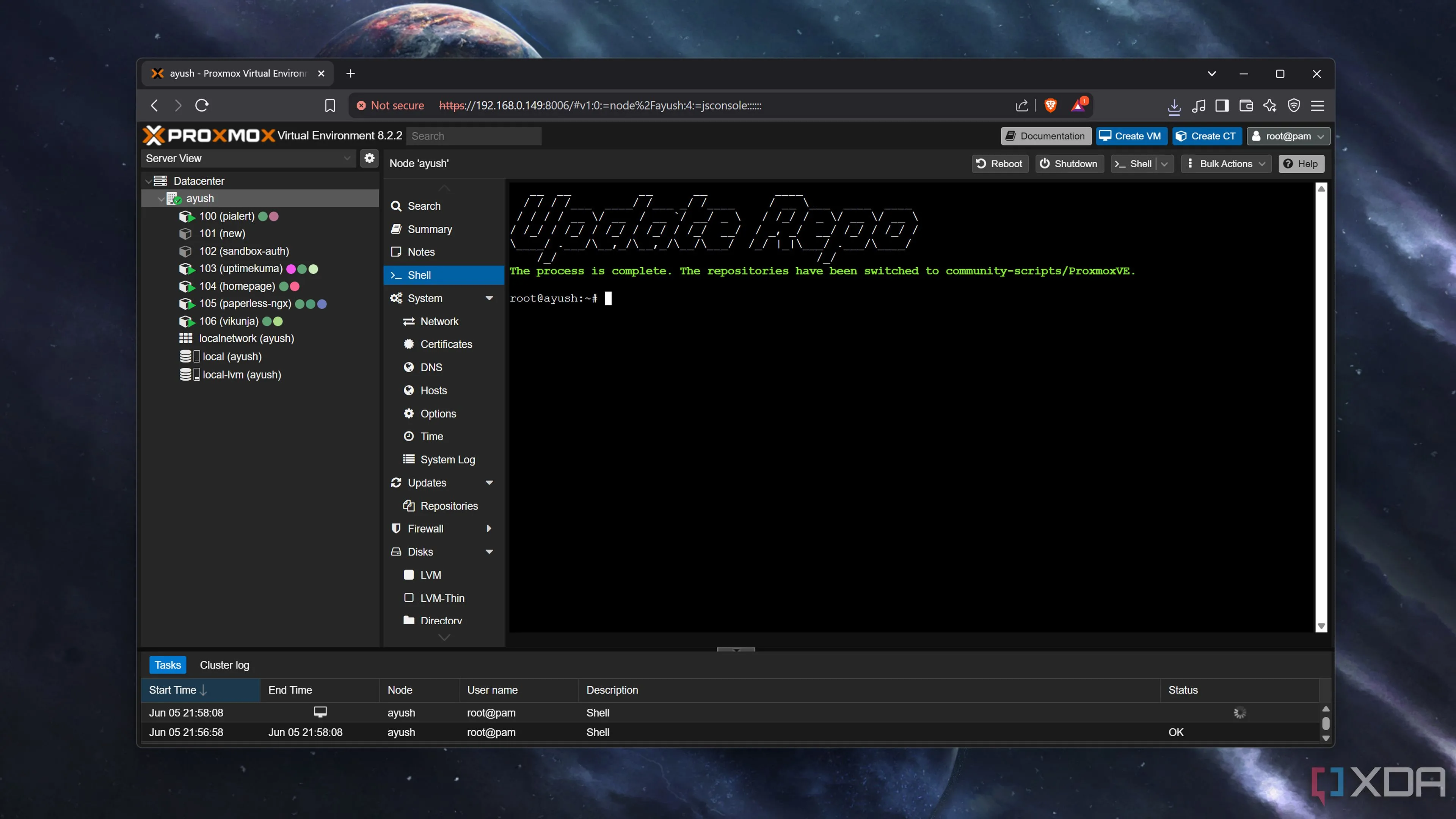 Script Proxmox Update Repositories đang được thực thi