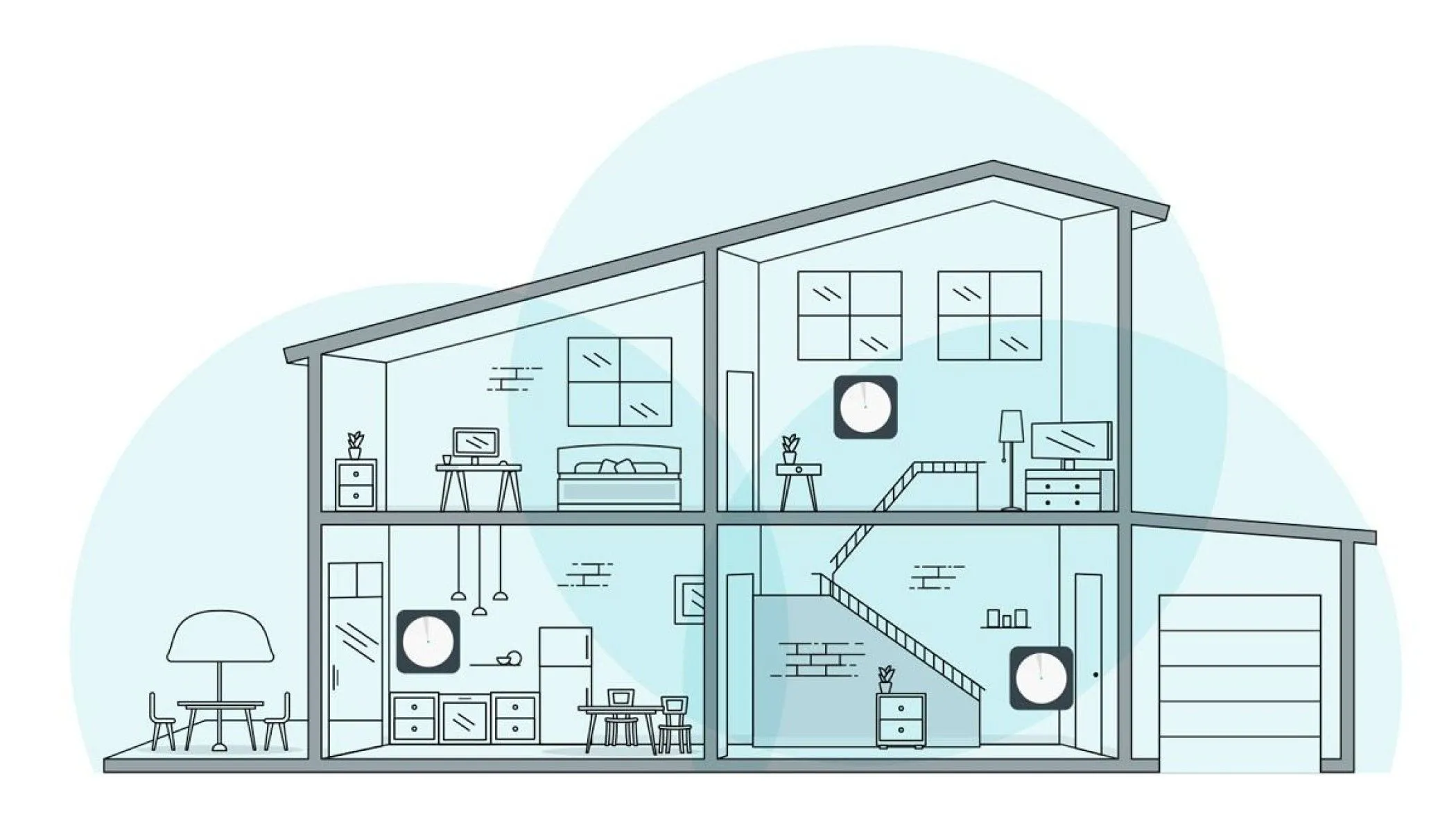 Sơ đồ bố trí ba điểm phủ sóng (node) Wi-Fi Mesh tối ưu trong ngôi nhà nhiều tầng