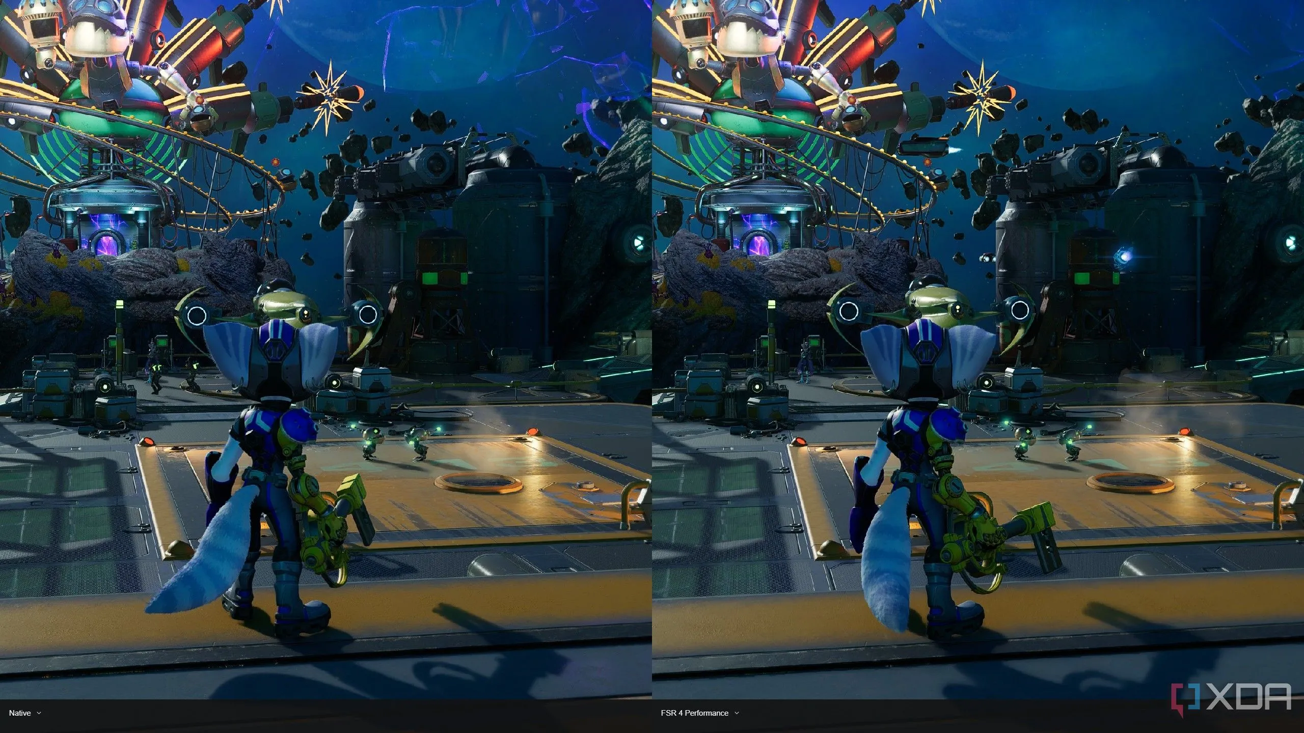 So sánh chất lượng hình ảnh FSR 4 Performance mode và độ phân giải gốc 4K trong game Ratchet and Clank: Rift Apart