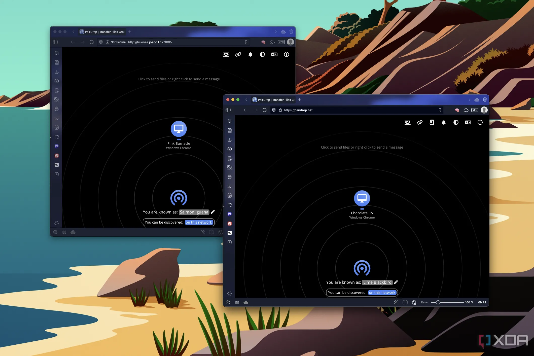 So sánh giao diện hai phiên bản PairDrop: một bản tự host và một bản trực tuyến, hiển thị các thiết bị được phát hiện trong mạng nội bộ