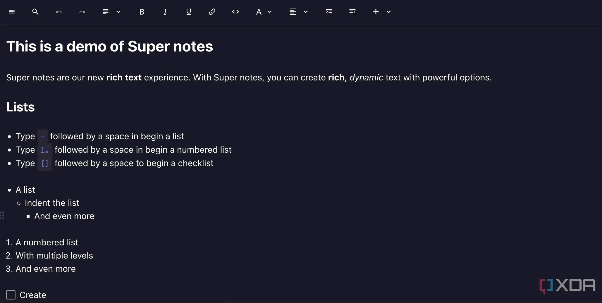 Standard Notes với chế độ Super Note, minh họa khả năng định dạng Markdown và nội dung đa phương tiện.