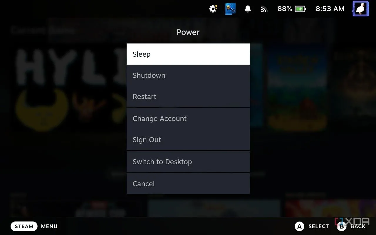 Steam Deck đang ở chế độ ngủ với màn hình khóa hiển thị thời gian