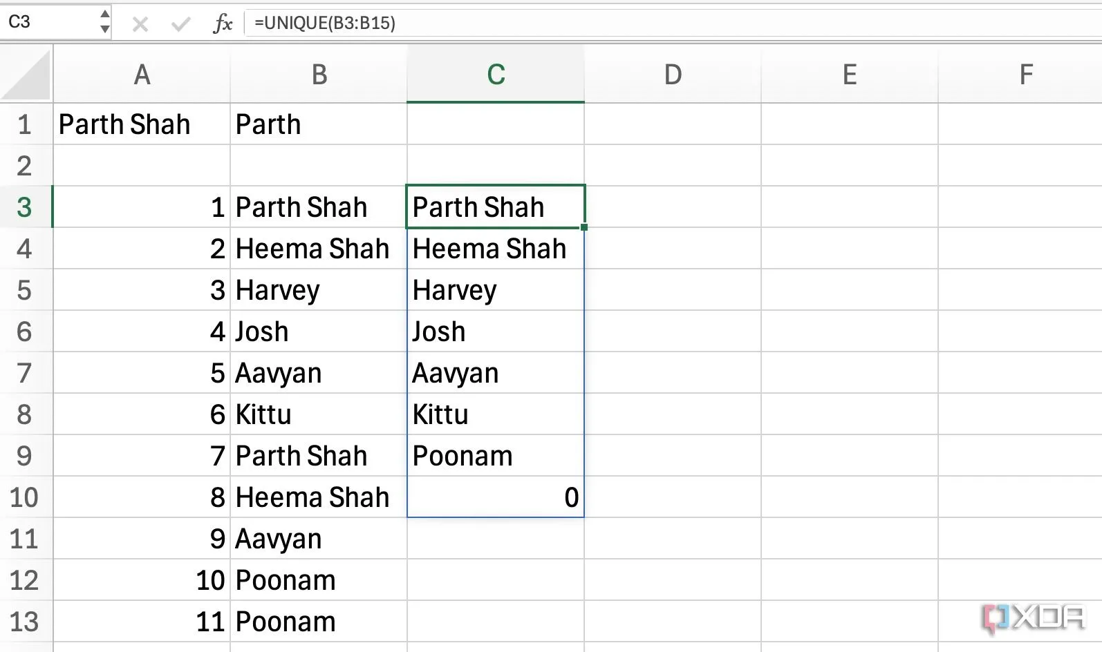 Sử dụng hàm UNIQUE trong Excel để trích xuất danh sách các giá trị không trùng lặp từ một cột dữ liệu