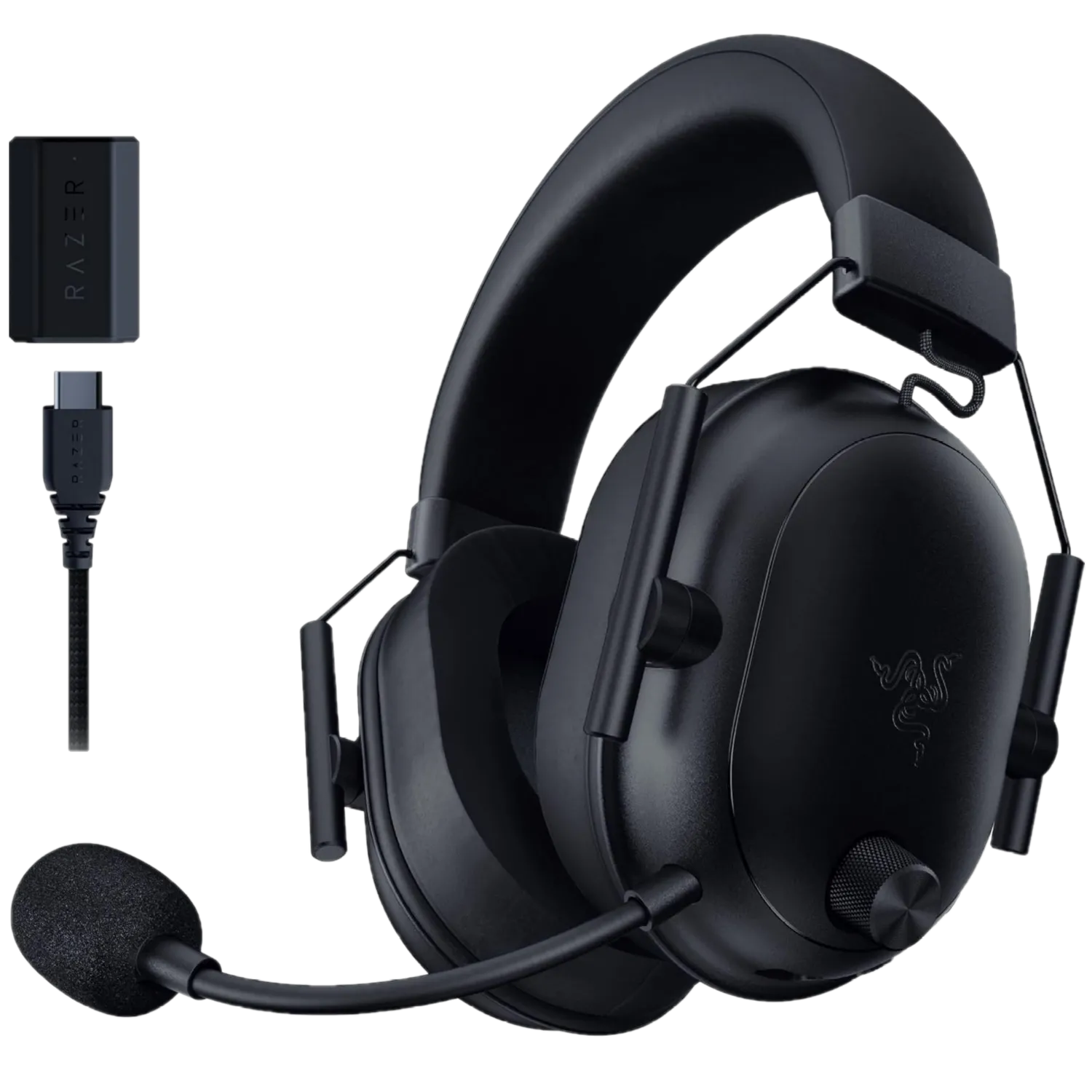 Tai nghe gaming không dây Razer BlackShark V2 HyperSpeed màu đen cùng với USB dongle.