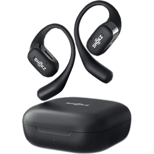 Tai nghe không dây Shokz OpenFit và hộp sạc, thiết kế mở tai giúp giảm áp lực và phù hợp khi đi máy bay.
