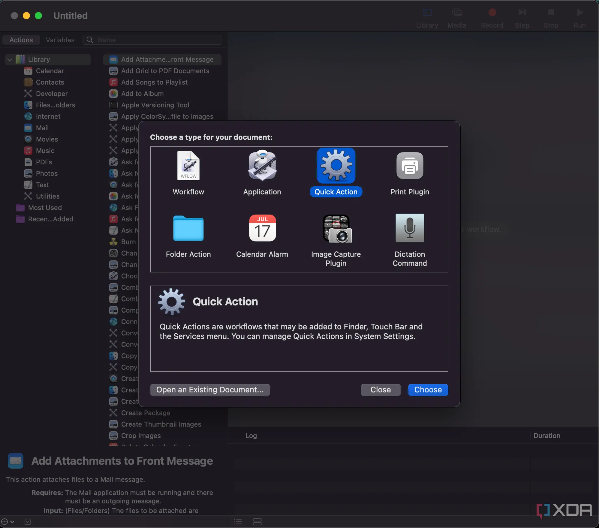 Thêm Microsoft Copilot vào Automator bước 1, lựa chọn Quick Action cho quy trình tự động