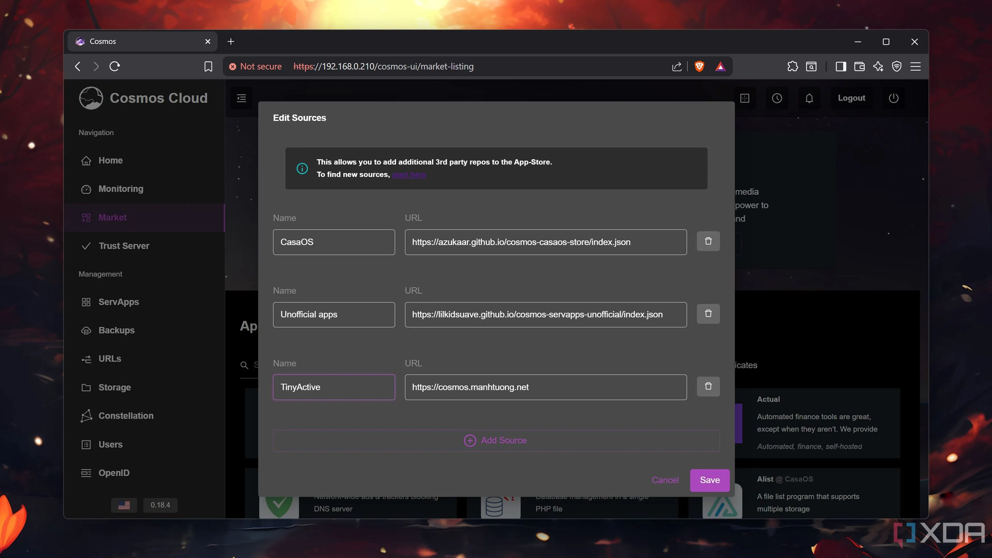 Thêm nguồn ứng dụng vào Cosmos Server