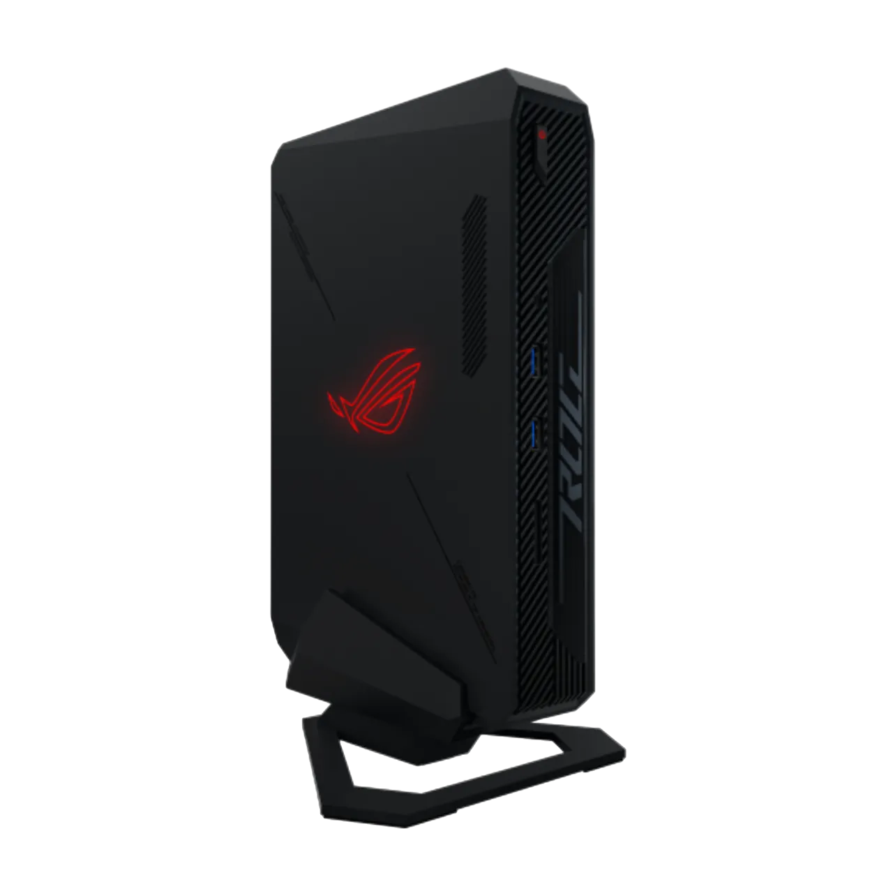 Thiết bị Asus ROG NUC nhỏ gọn màu đen, nổi bật với hệ thống đèn LED RGB đa sắc, sẵn sàng cho mọi không gian làm việc hay giải trí.