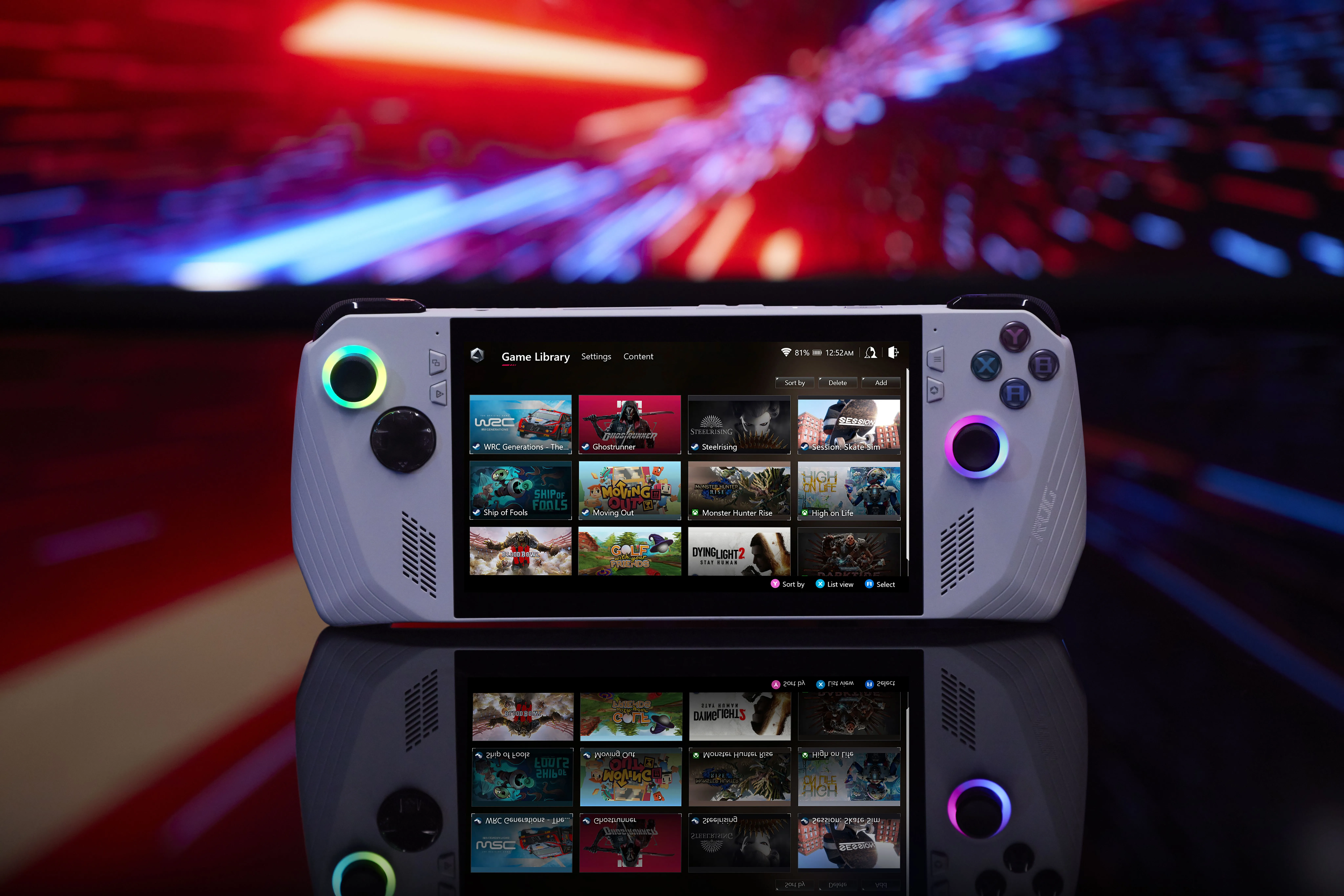 Thiết bị chơi game cầm tay ASUS ROG Ally trên bề mặt phản chiếu, thể hiện sự cạnh tranh trong phân khúc máy chơi game di động chạy Windows 11