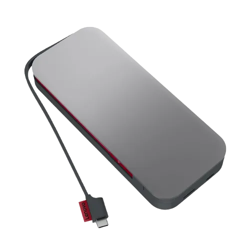 Thiết kế sạc dự phòng Lenovo Go 20.000mAh với cáp USB-C tích hợp tiện lợi cho laptop và điện thoại.