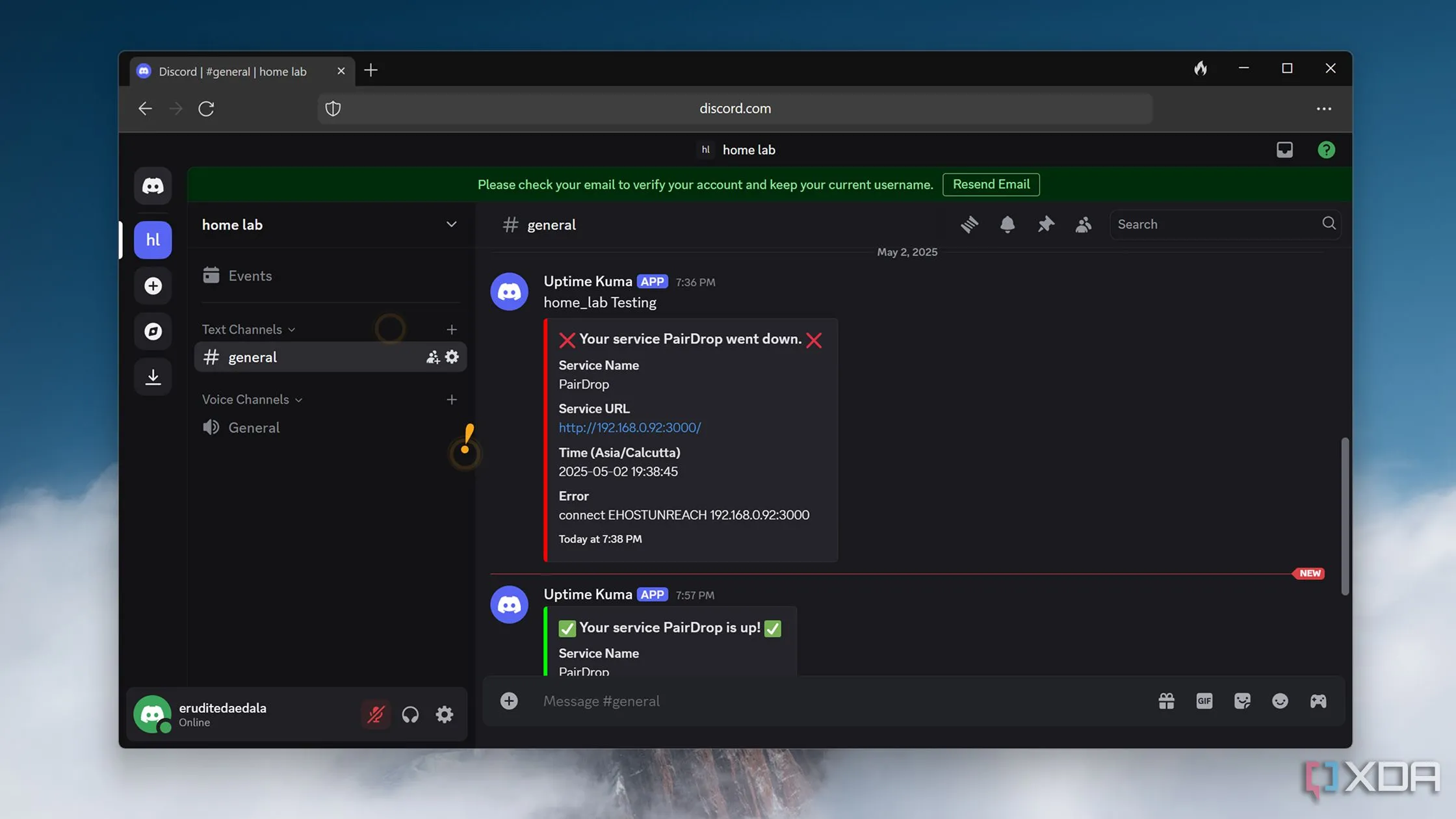 Thông báo cảnh báo từ Uptime Kuma hiển thị trên Discord