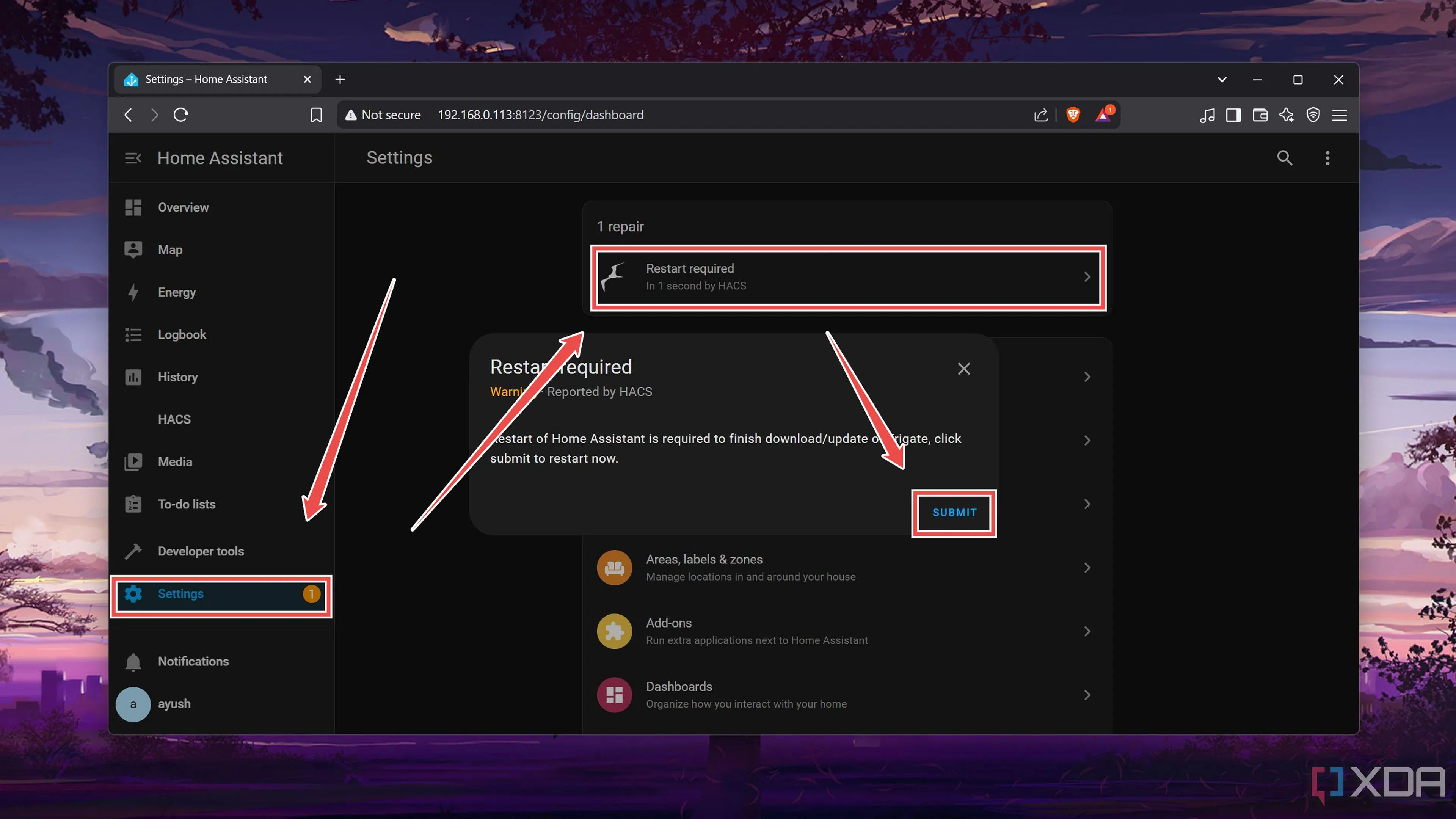 Thông báo &quot;Download Required&quot; và nút &quot;Submit&quot; để khởi động lại Home Assistant sau khi tải Frigate.