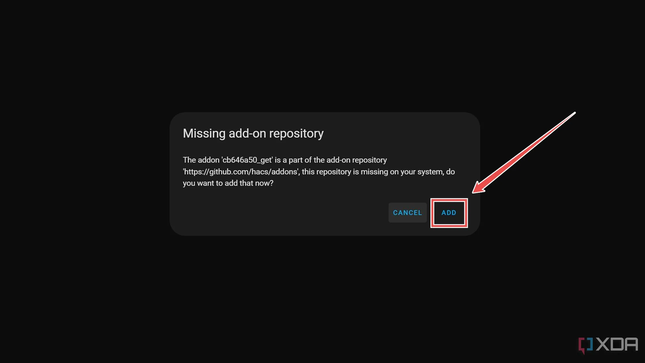 Thông báo &quot;Missing add-on repository&quot; trong Home Assistant, yêu cầu thêm kho Get HACS.