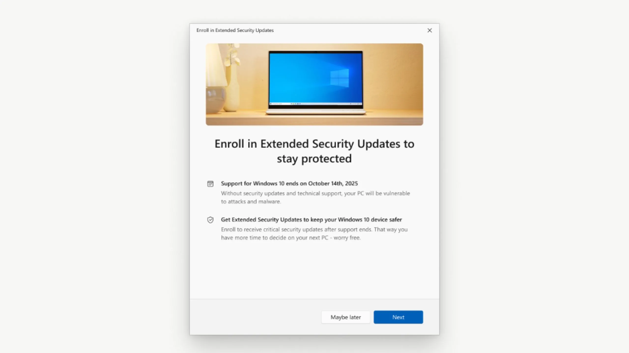 Thông báo và hướng dẫn đăng ký chương trình ESU trên Windows 10 từ Microsoft
