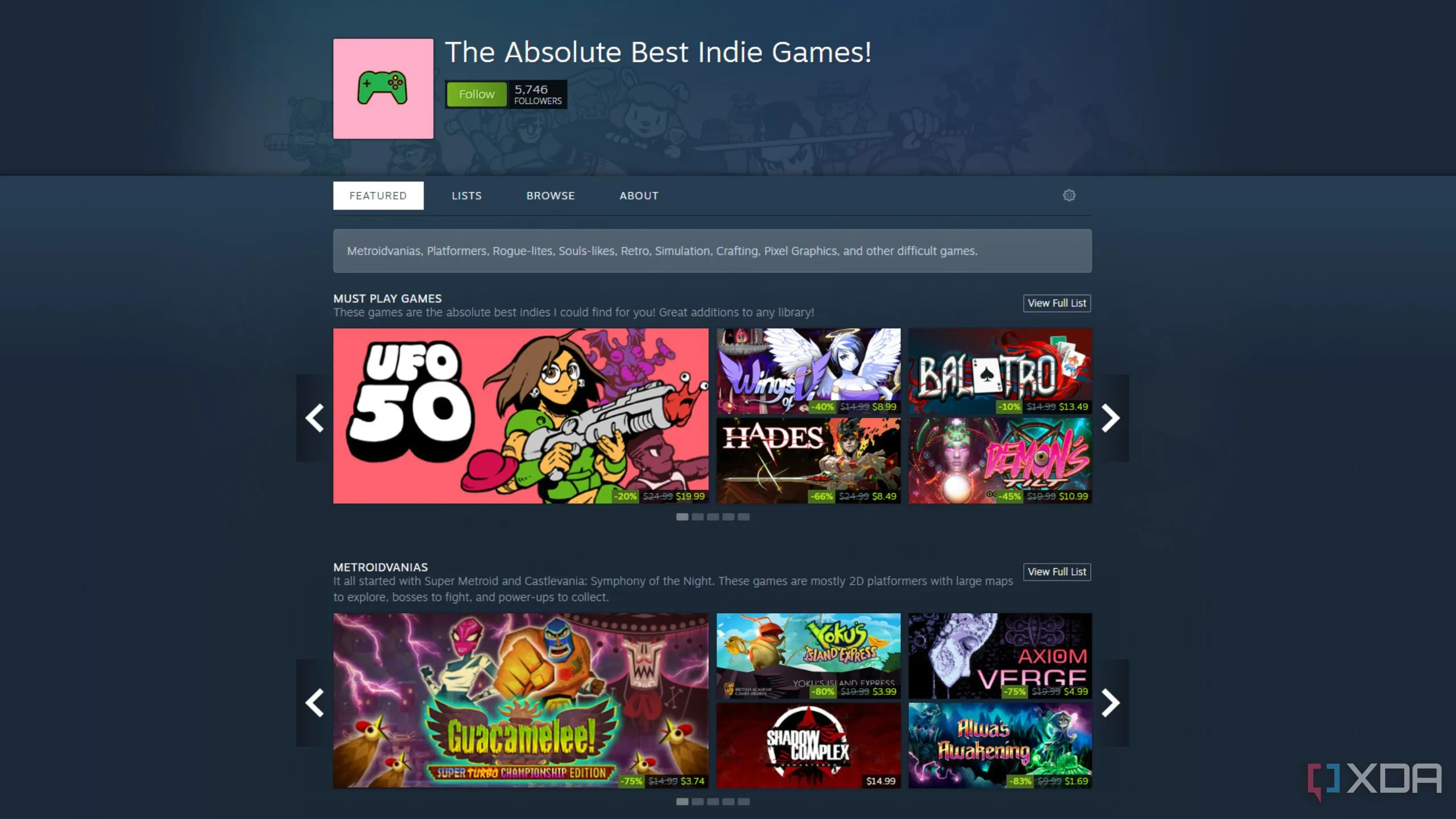 Thư viện game Steam với các trò chơi indie được tùy chỉnh sắp xếp trực quan