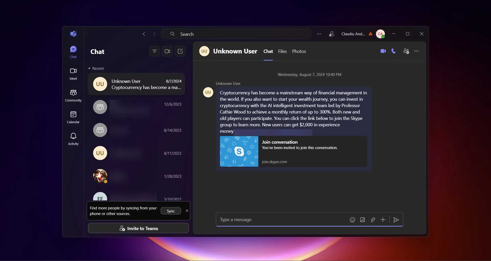 Tin nhắn rác không mong muốn từ liên hệ lạ trên Microsoft Teams