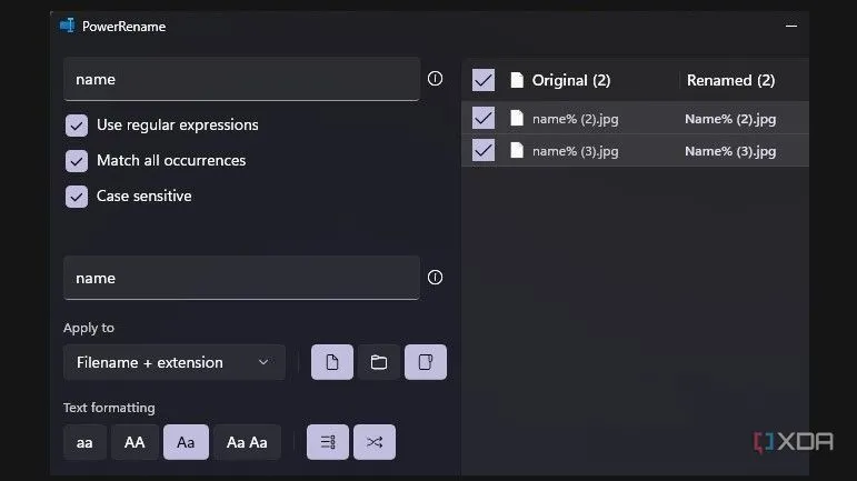 Tính năng định dạng văn bản (Text Formatting) trong PowerRename, cho phép chuẩn hóa tên file bằng cách chọn kiểu chữ hoa hoặc chữ thường