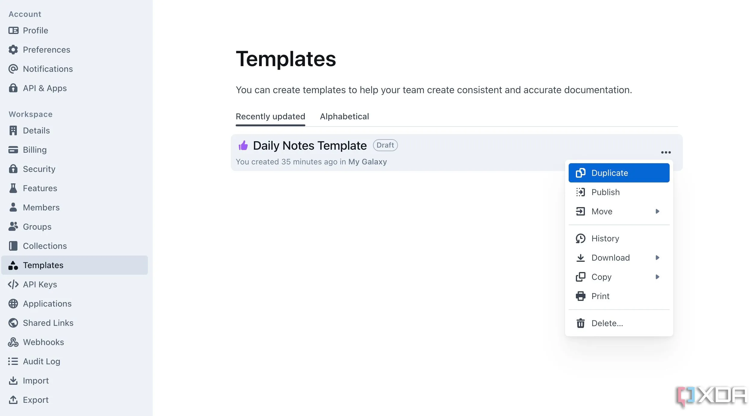 Tính năng tạo template ghi chú trong Outline