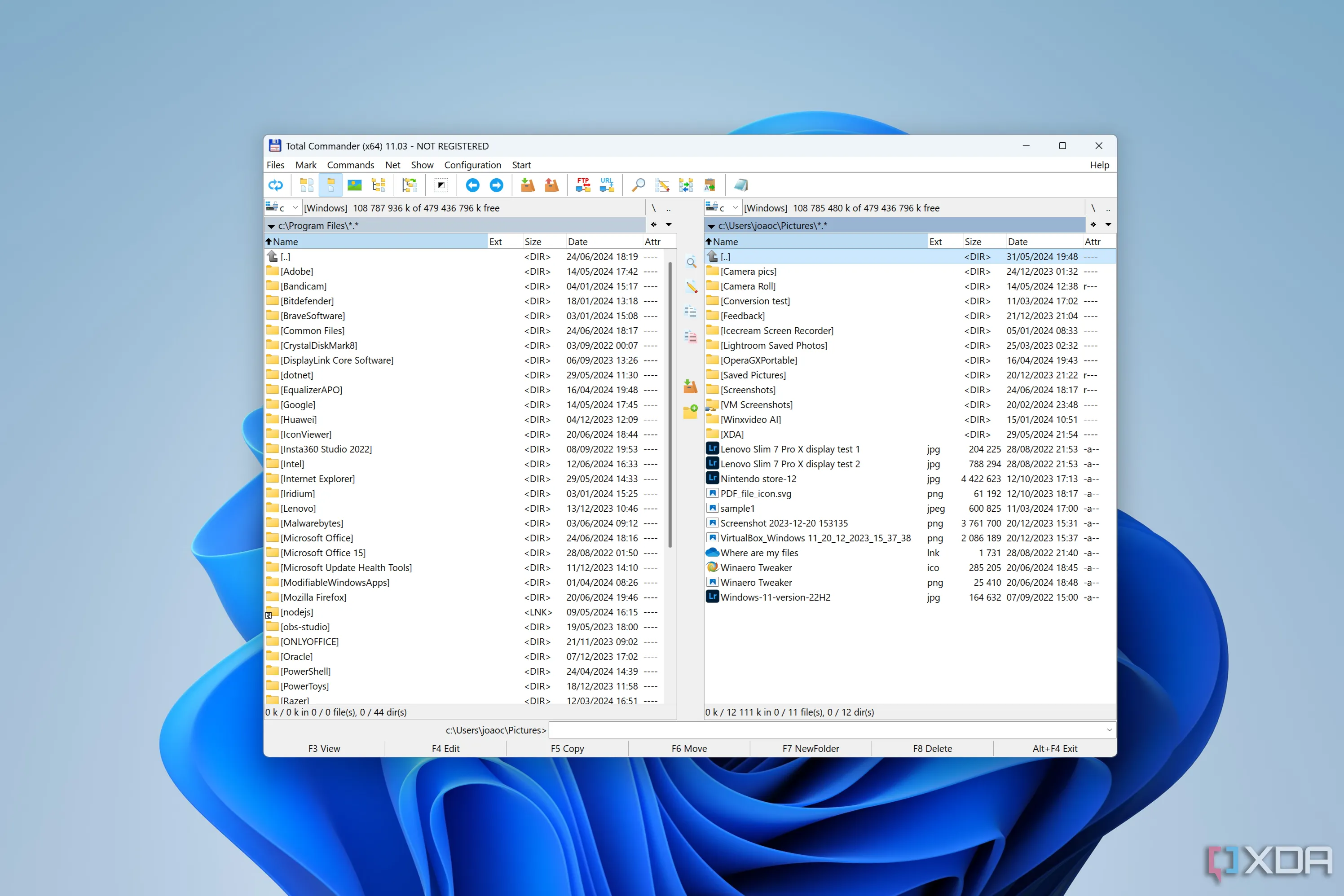 Total Commander trên Windows 11 với giao diện hai bảng quản lý tệp tin