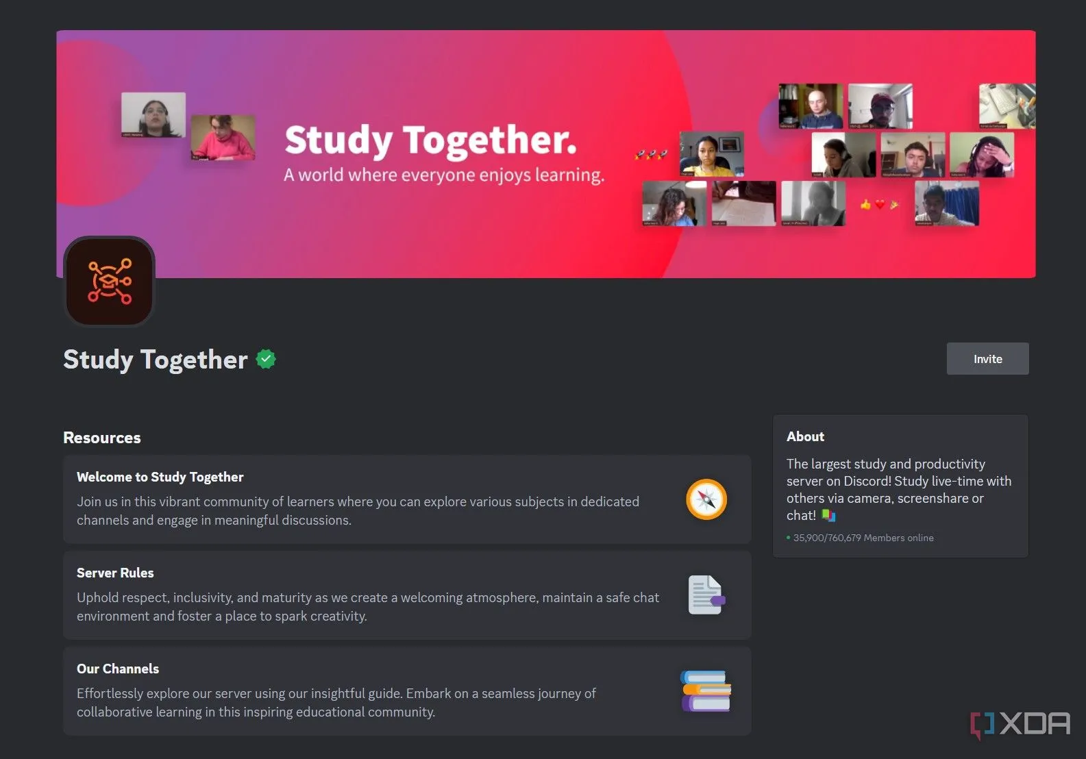Trang chủ máy chủ Discord Study Together, nơi người dùng cùng nhau học tập và làm việc từ xa.