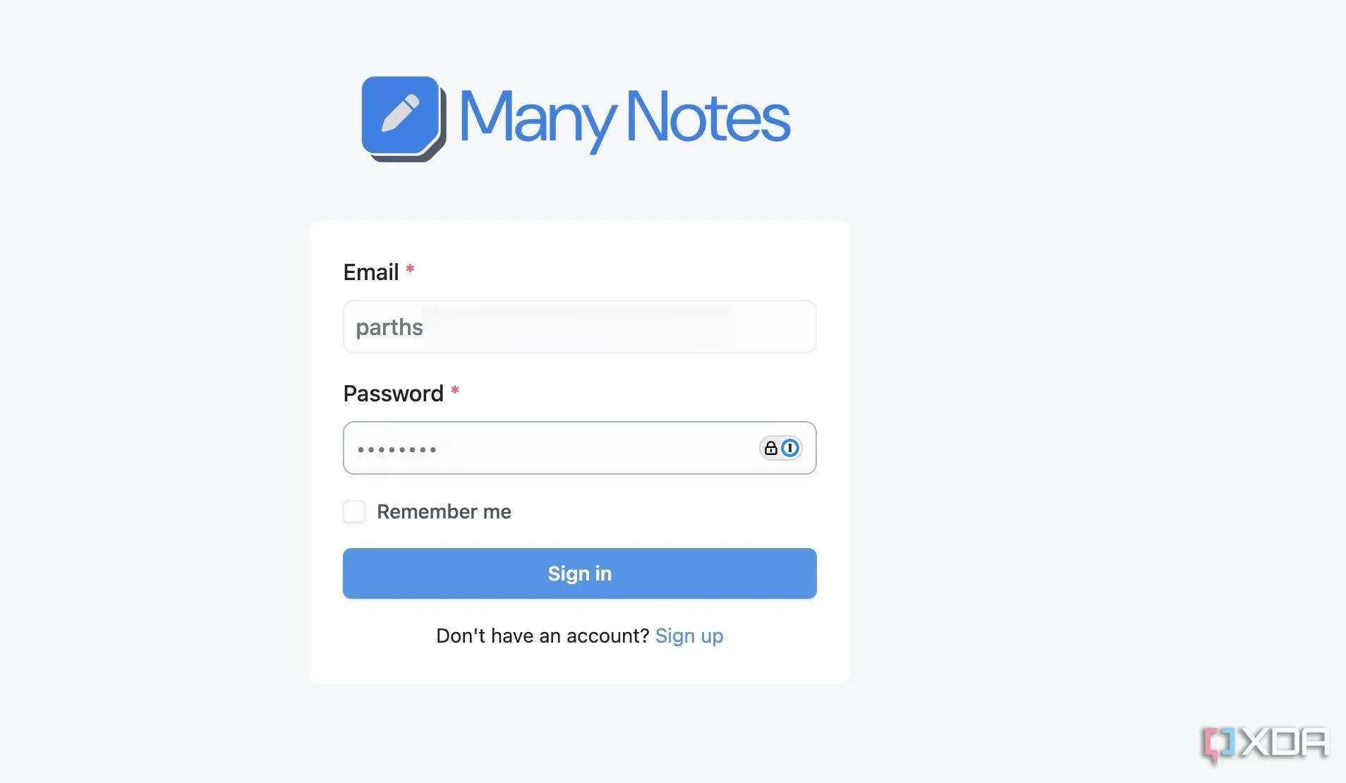 Trang đăng nhập của Many Notes, cho thấy giao diện đơn giản và tiềm năng cải thiện hiệu suất