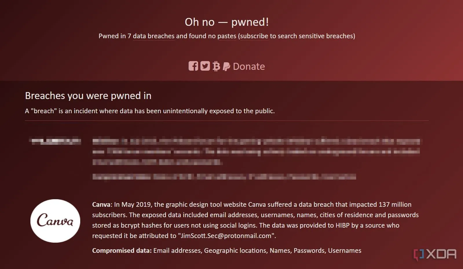 Trang haveibeenpwned.com hiển thị thông tin rò rỉ dữ liệu của Canva năm 2019
