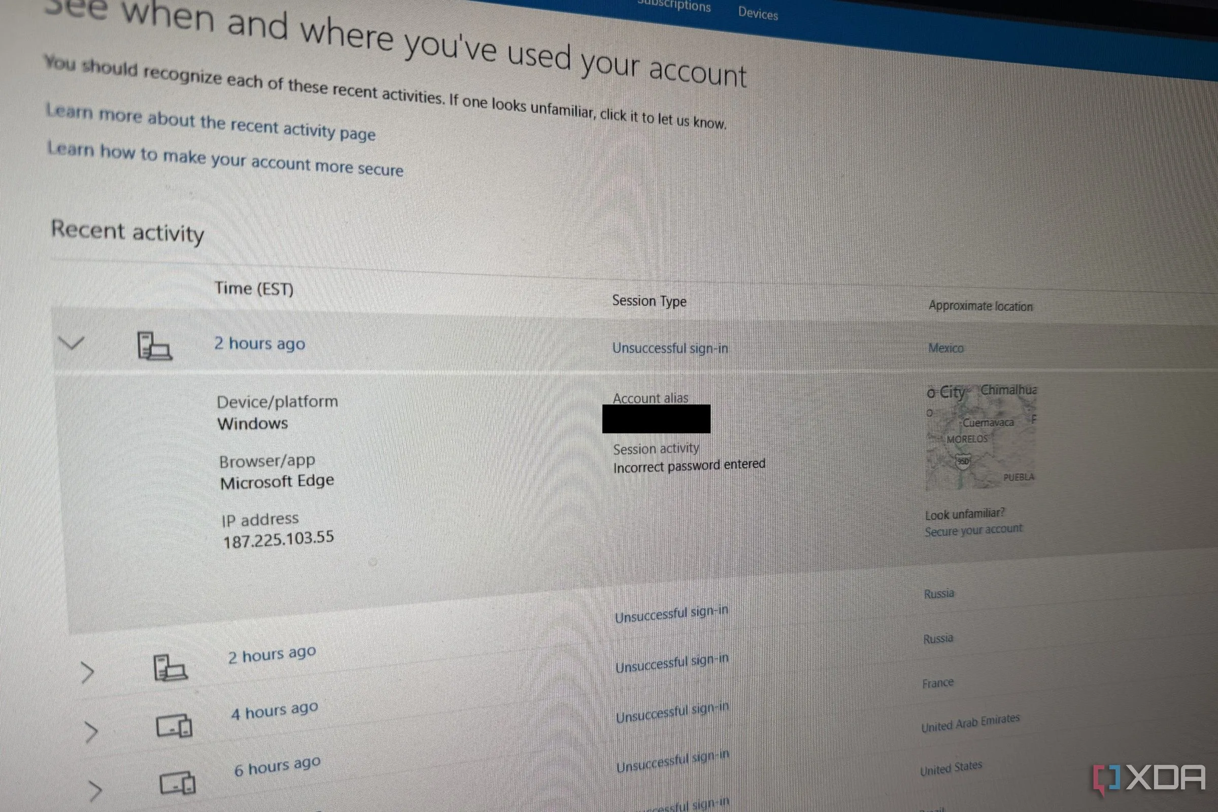 Trang hiển thị các lần đăng nhập thất bại vào tài khoản Microsoft
