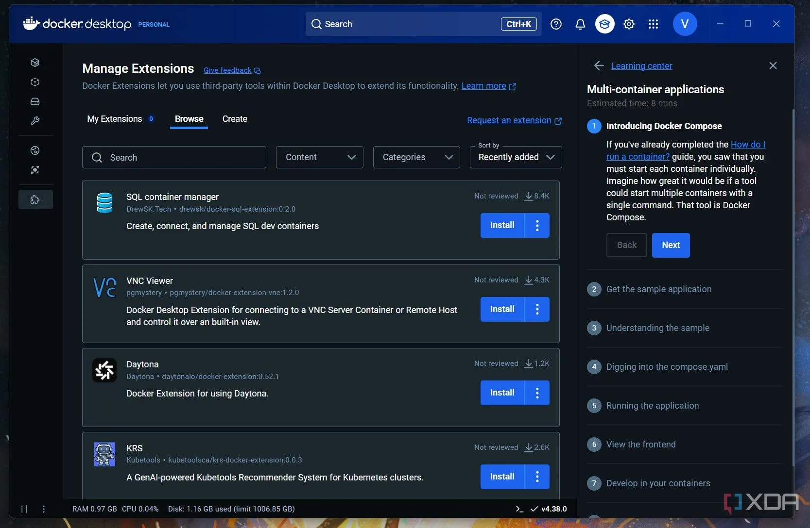 Trang mở rộng (Extensions) của Docker Desktop giúp quản lý ứng dụng dễ dàng