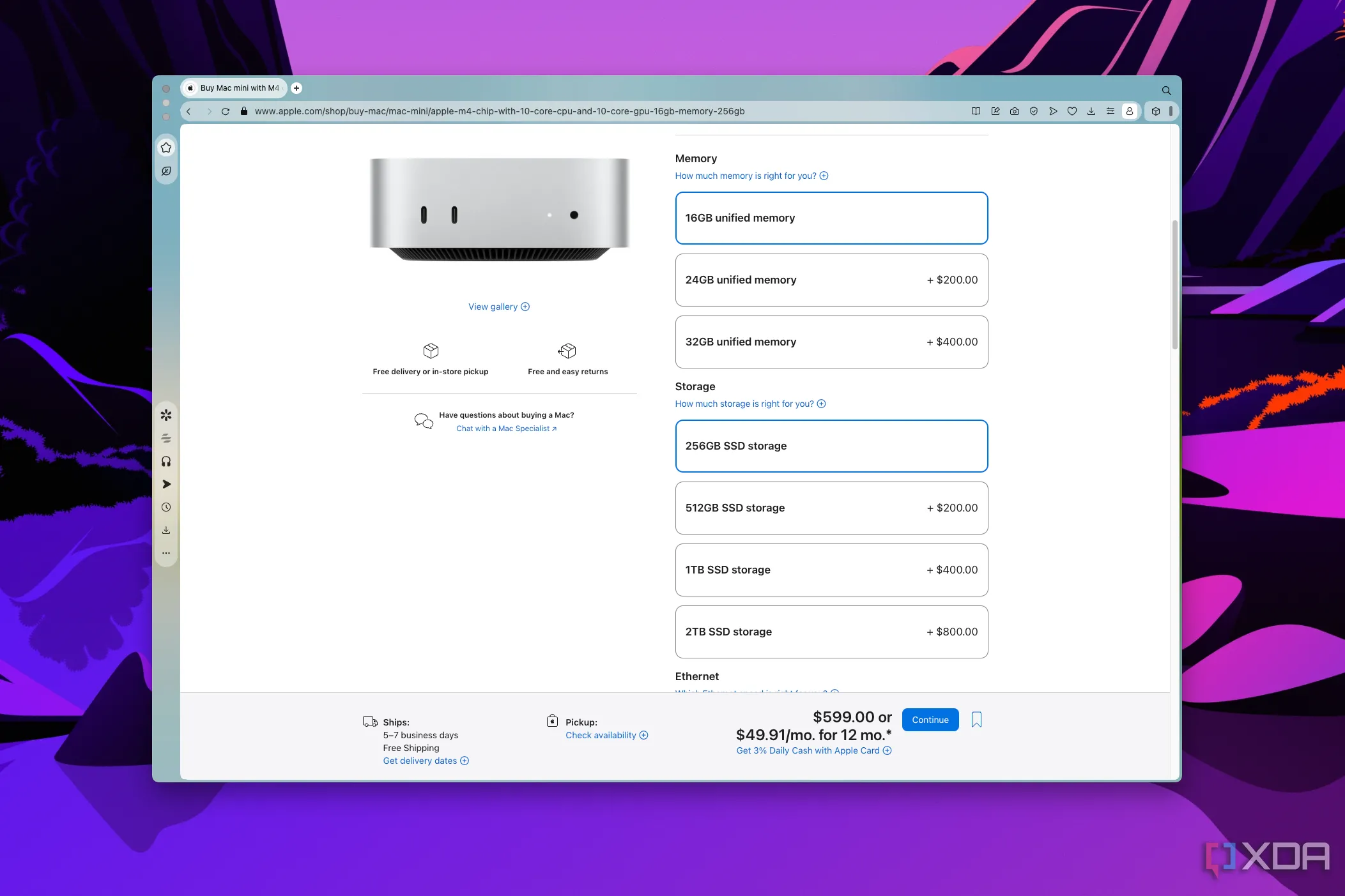 Trang mua hàng Mac Mini hiển thị các tùy chọn nâng cấp RAM và dung lượng lưu trữ SSD cùng chi phí tương ứng, làm rõ chiến lược định giá của Apple.