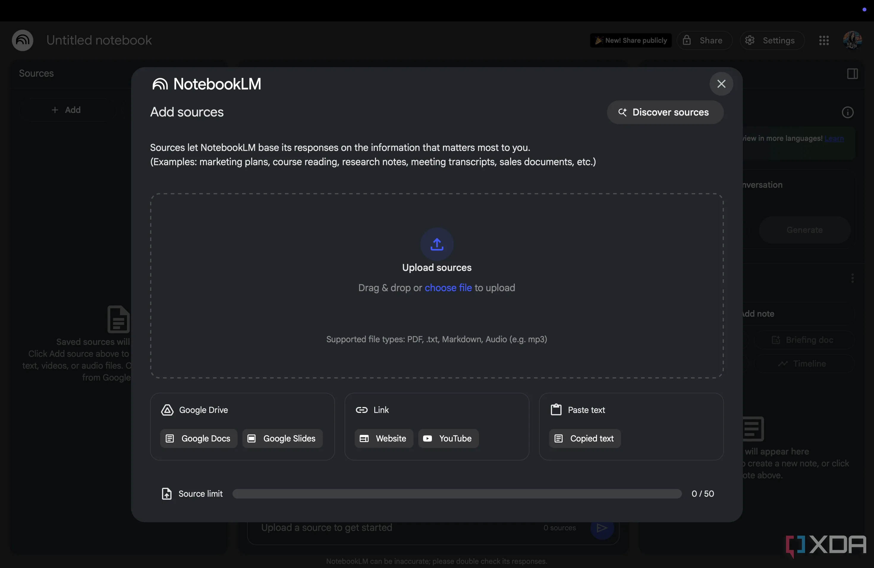 Trang thêm nguồn dữ liệu vào NotebookLM
