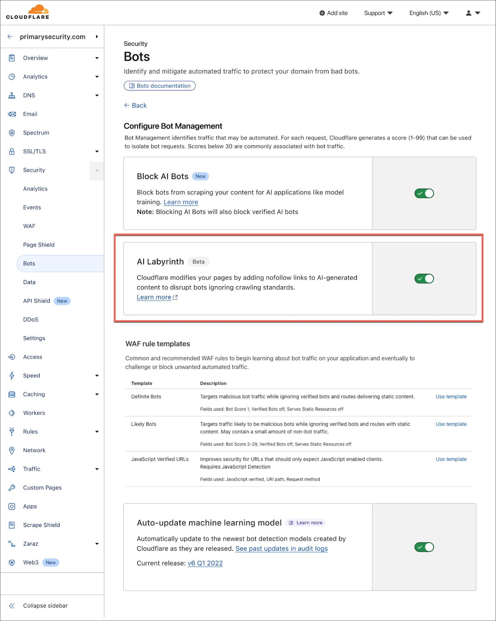 Tùy chọn bật/tắt AI Labyrinth trong cài đặt Cloudflare
